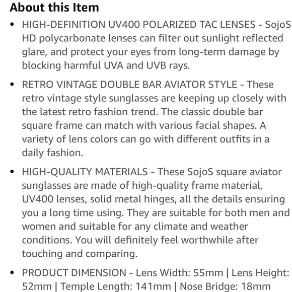 SOJOS Black/Gray Retro Square Polarized Aviator Sunglasses - Picture 6 of 6